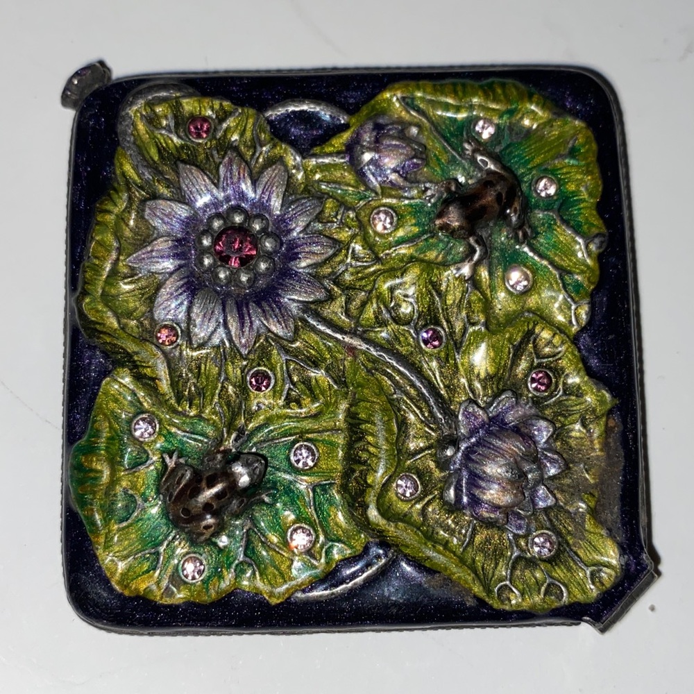 Double Sided Frog Themed Jeweled Enamel Compact Mirror